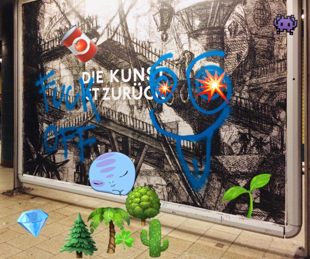 a wall with graffiti and cartoon characters